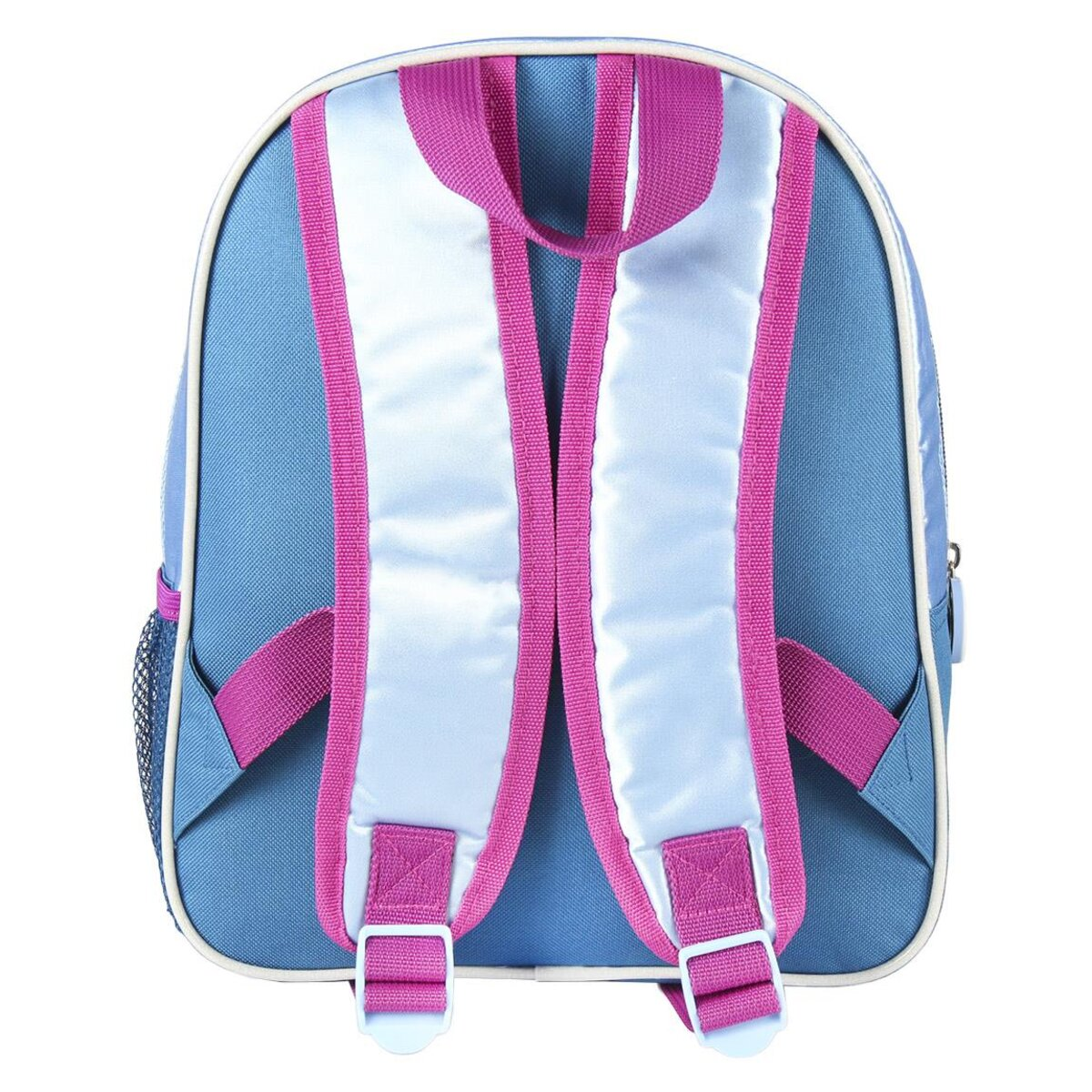 Vista trasera de una mochila azul con correas rosas y un bolsillo de malla. Un ribete blanco perfila la bolsa.