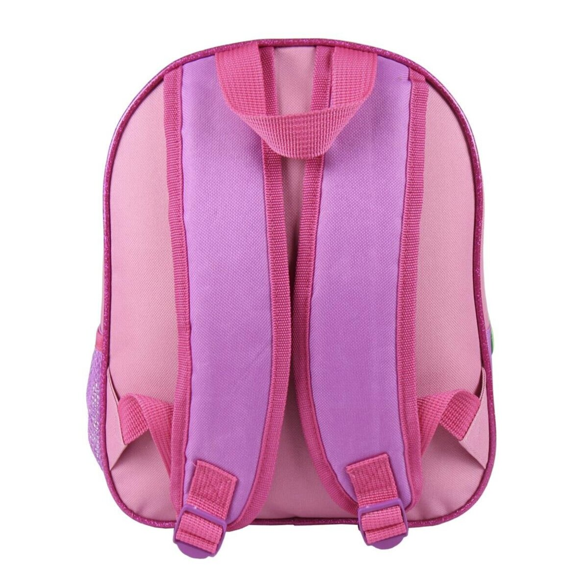 Una mochila rosa y morada con correas y un asa. La bolsa tiene un borde brillante y un bolsillo lateral.