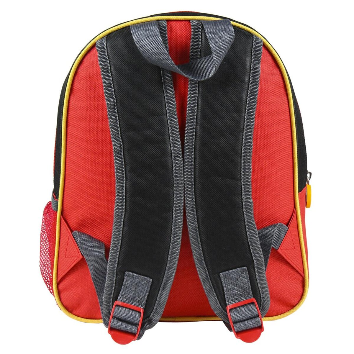 Vista trasera de una mochila roja de Harry Potter con correas negras y ribete amarillo.