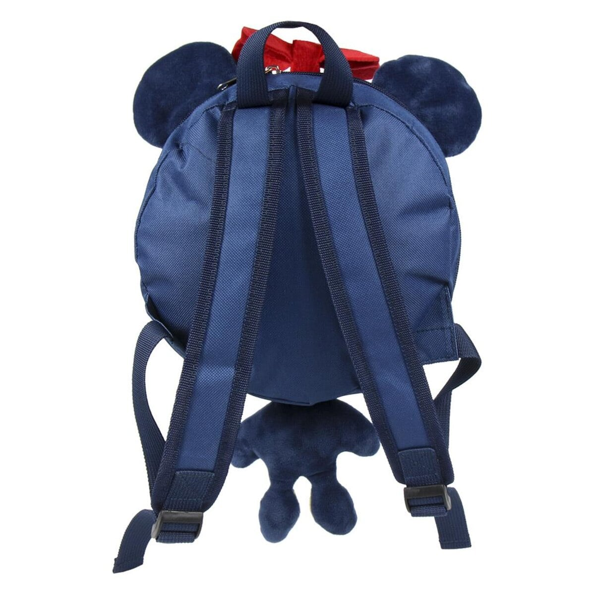Vista trasera de una mochila azul de Mickey Mouse con correas, un lazo rojo y orejas de Mickey Mouse.
