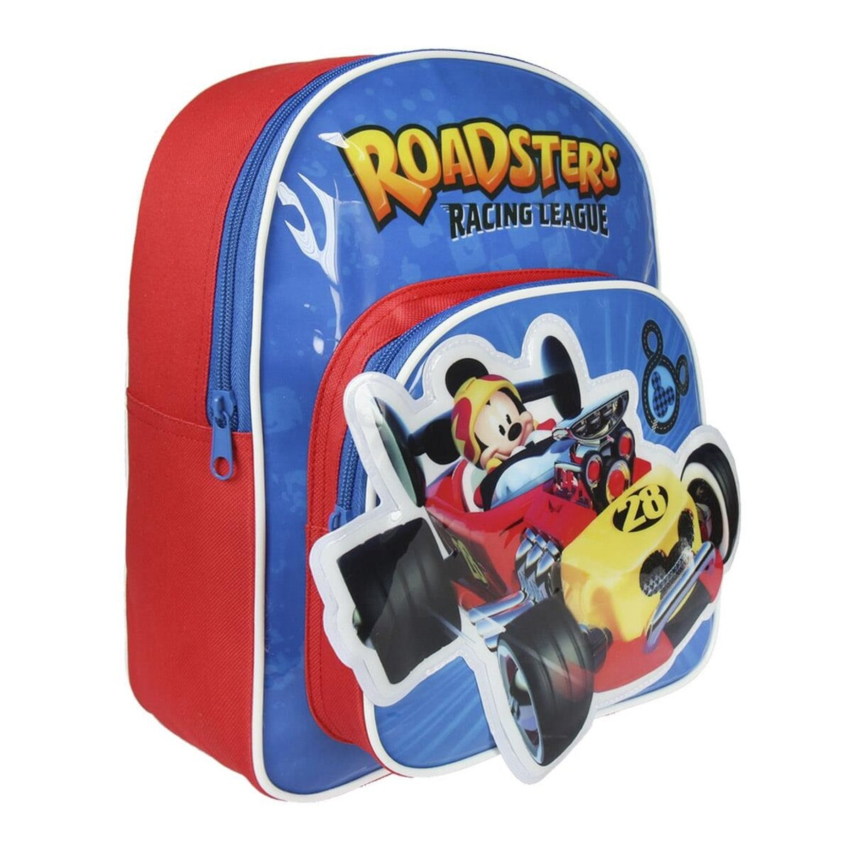 Mochila roja y azul con diseño de corredores de coches de Mickey Mouse. Mickey en un coche de carreras con la palabra Roadsters.