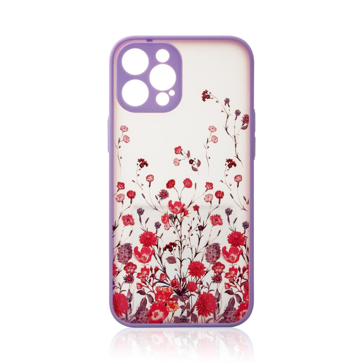 Eine Handyhülle mit floralem Design, klarer Rückseite und lila Rand. Blumen in Rot und Rosa.