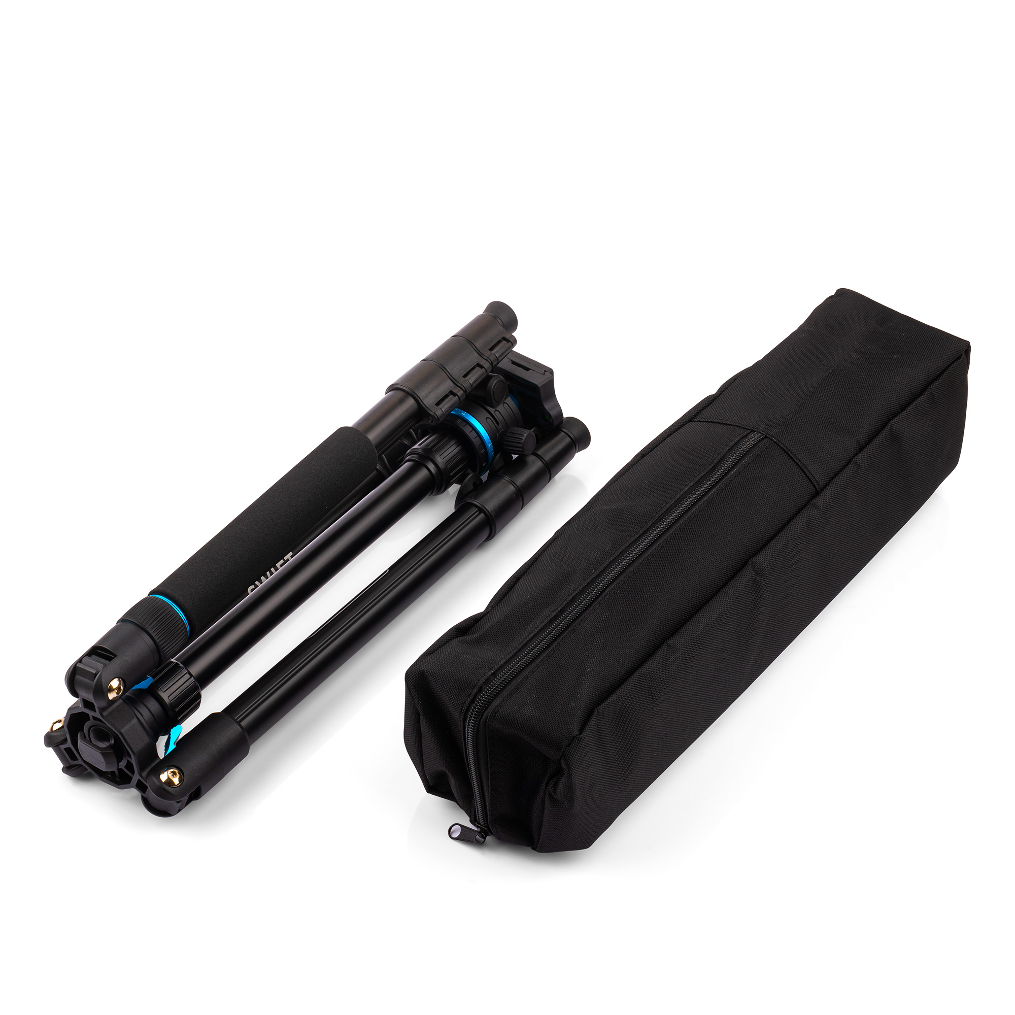 Tripod and carrying case on a white background. Black tripod.