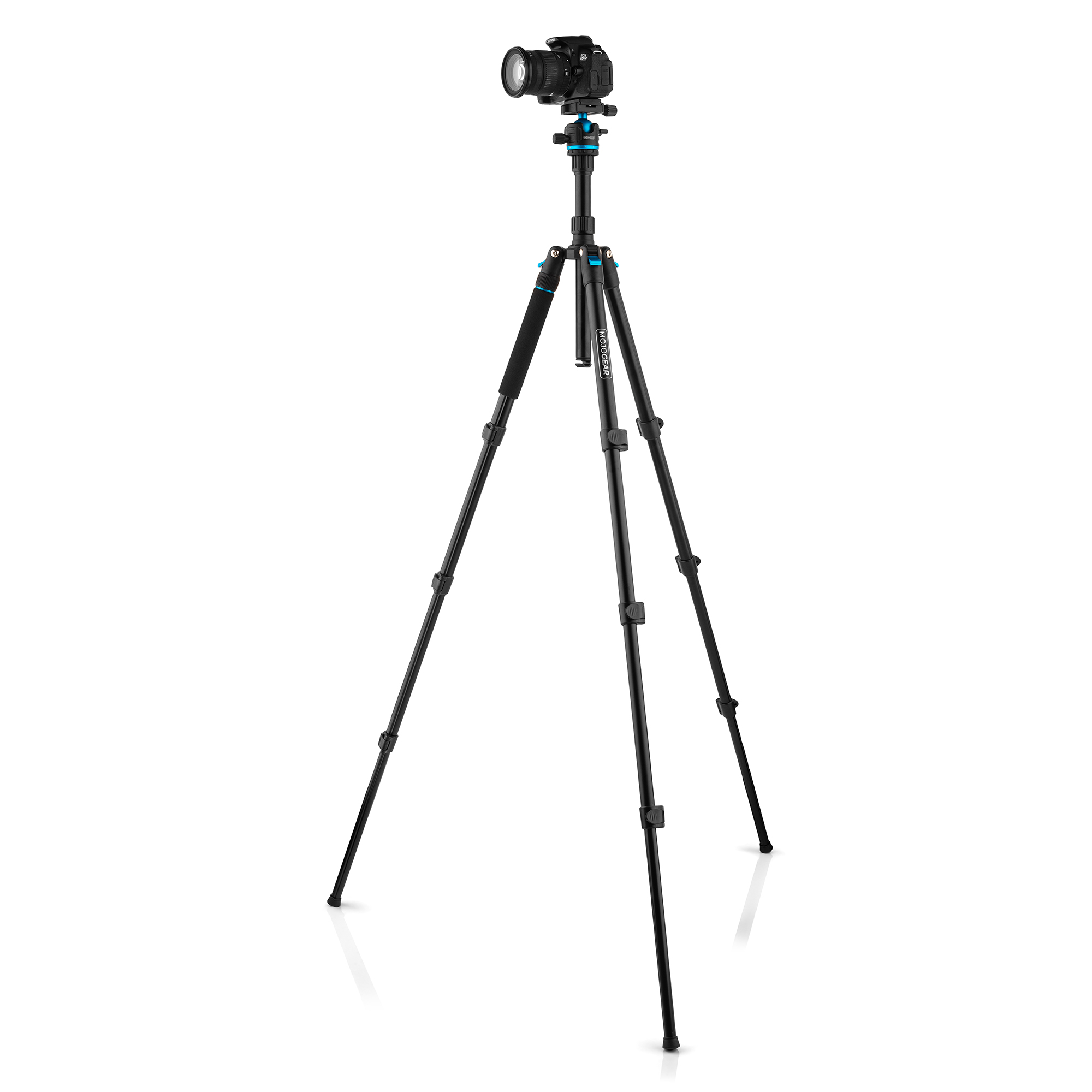 A camera mounted on a black tripod, on a white background. The tripod has blue accents.