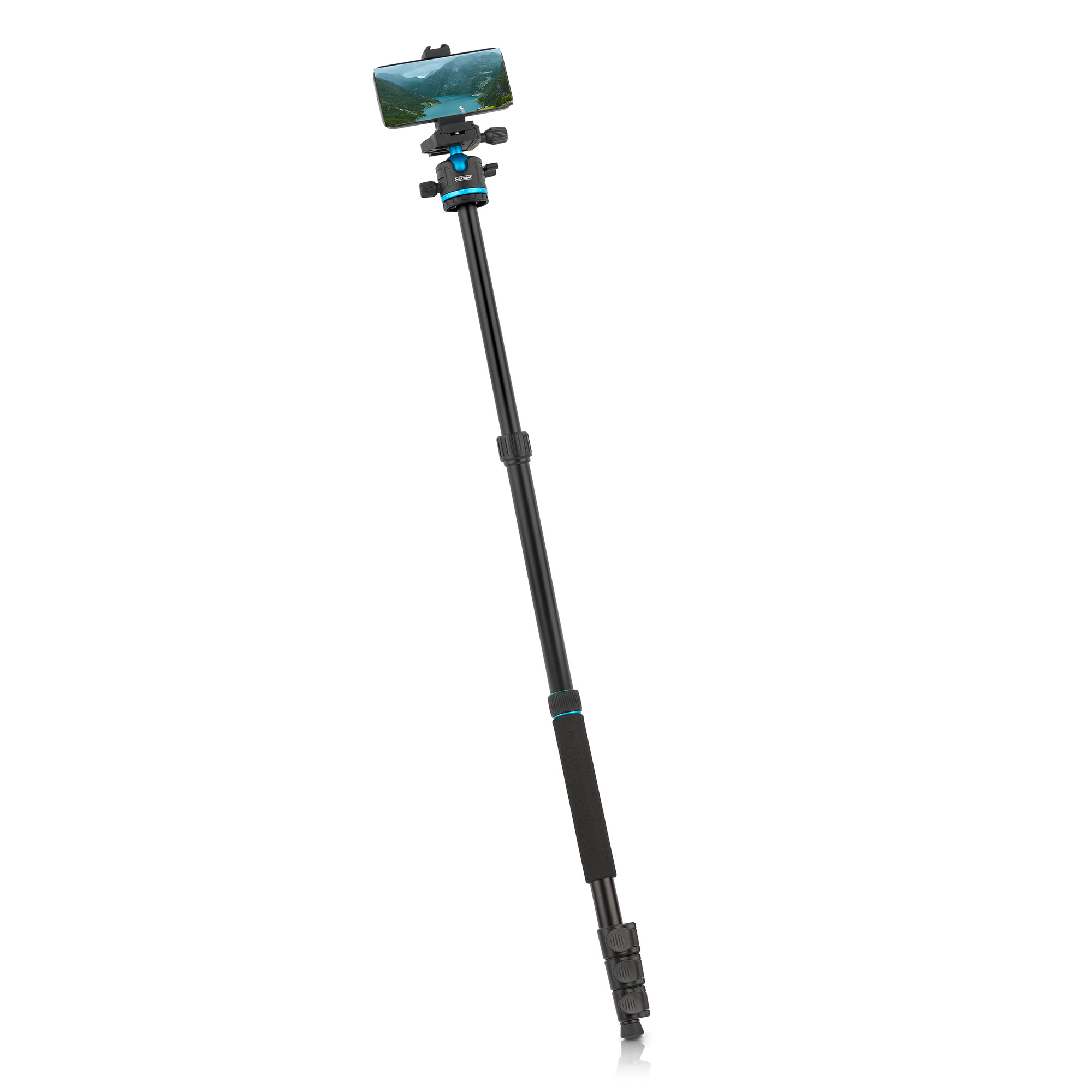 A black selfie stick with a phone attached, extended against a white background.