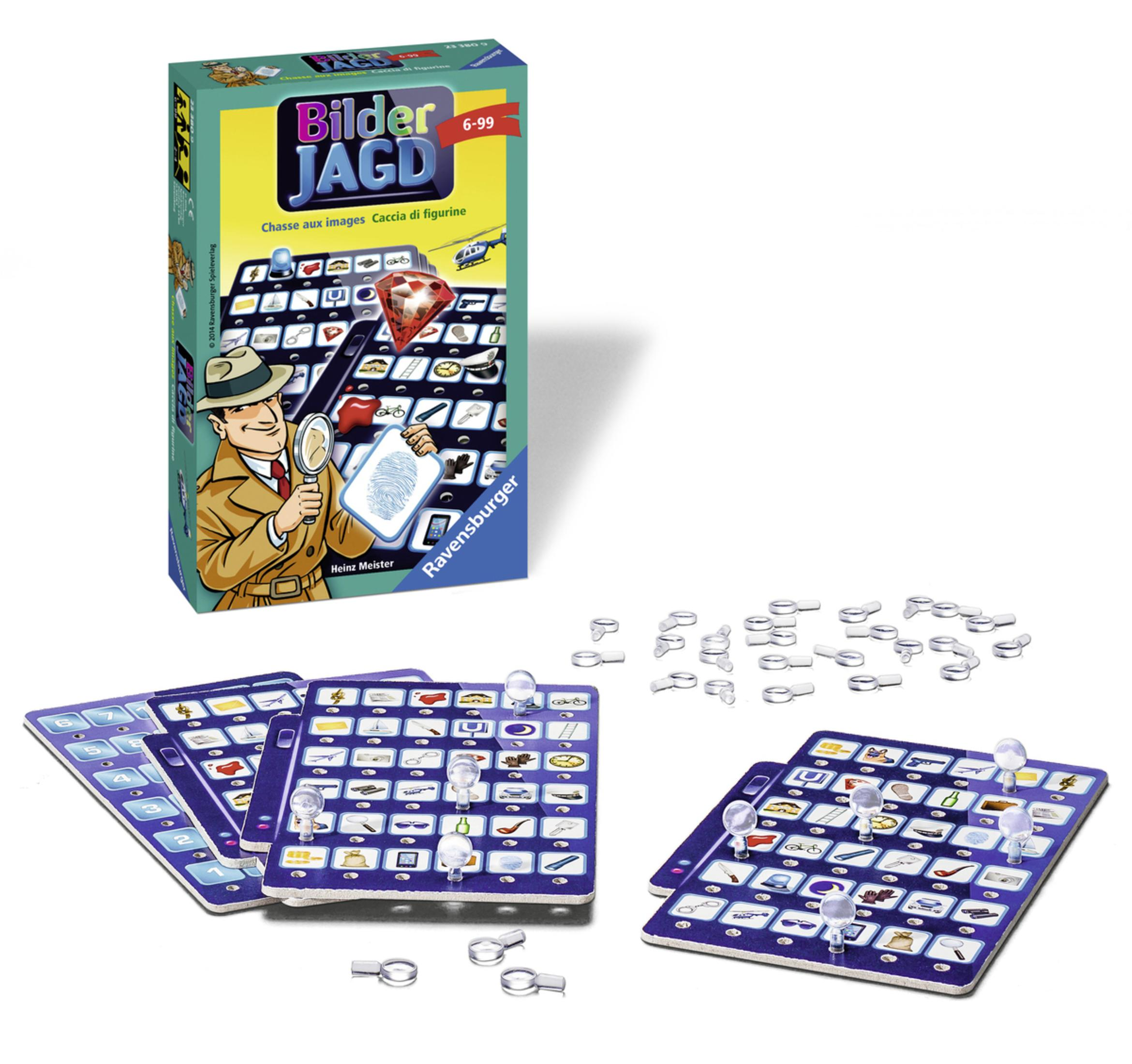 Ein Brettspielkarton und Spielbretter mit Spielsteinen auf weißer Oberfläche.