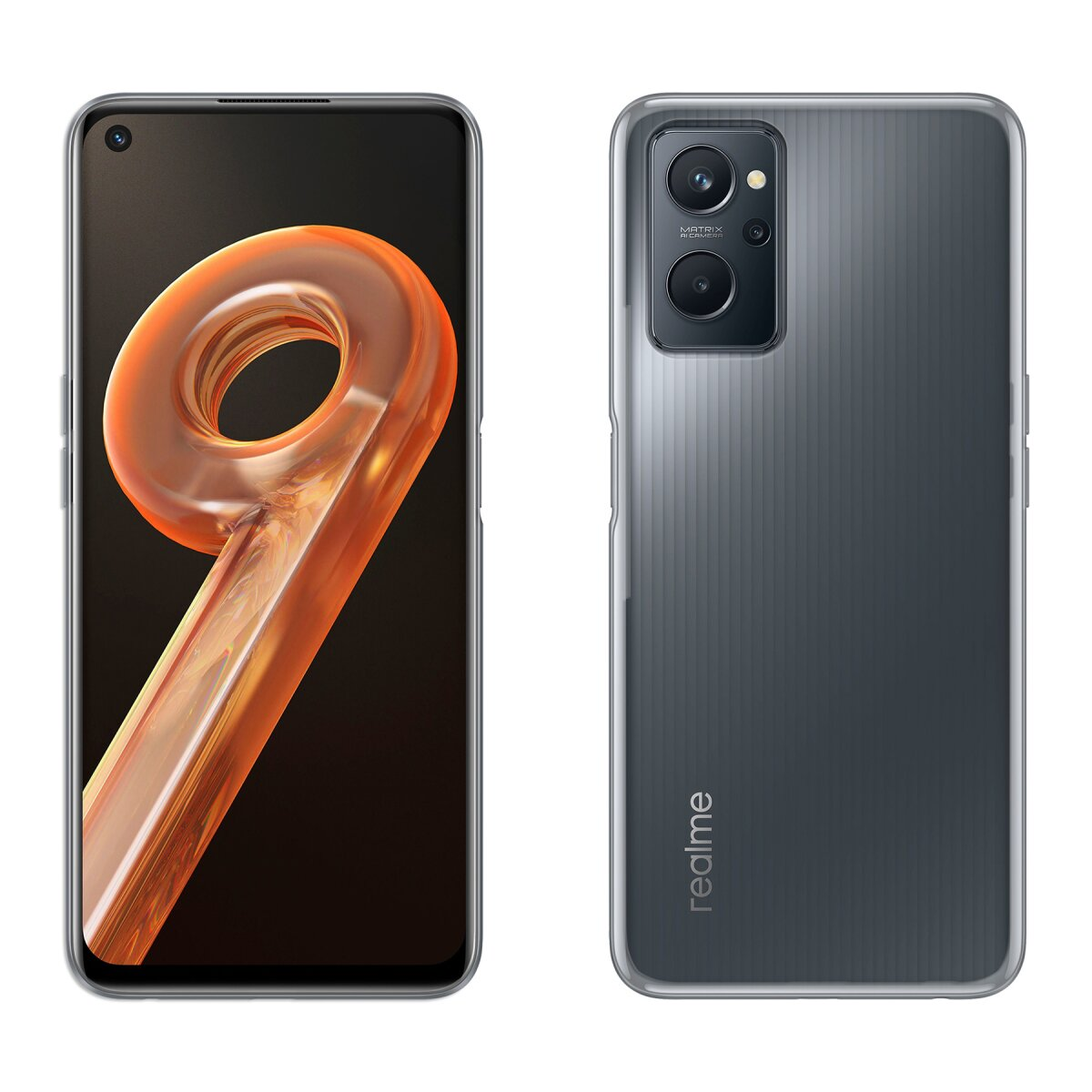 Ein Smartphone mit großer 9 auf dem Bildschirm, Vorder- und Rückansicht.