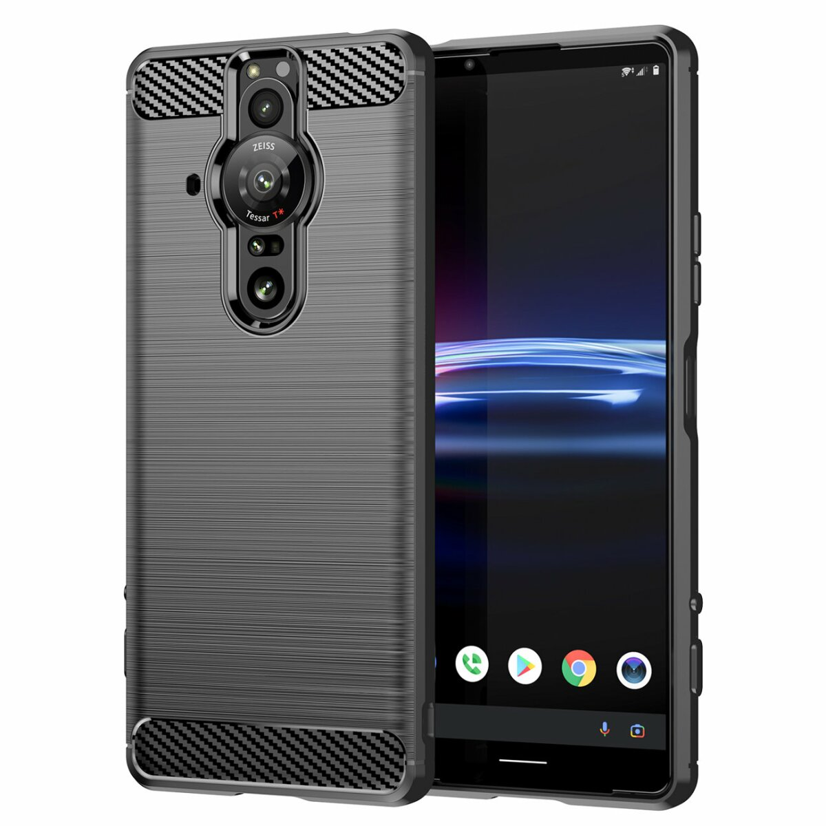 Schwarze Handyhülle mit strukturierter Rückseite, Telefon mit Dreifach-Kamera und Display.