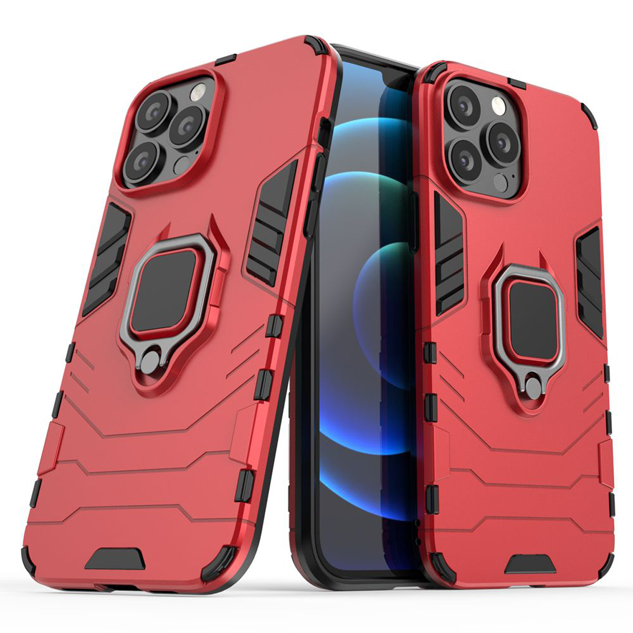 Coques de téléphone rouges avec un support de bague à l'arrière. Un téléphone avec un écran est au milieu. Les coques ont un design texturé.