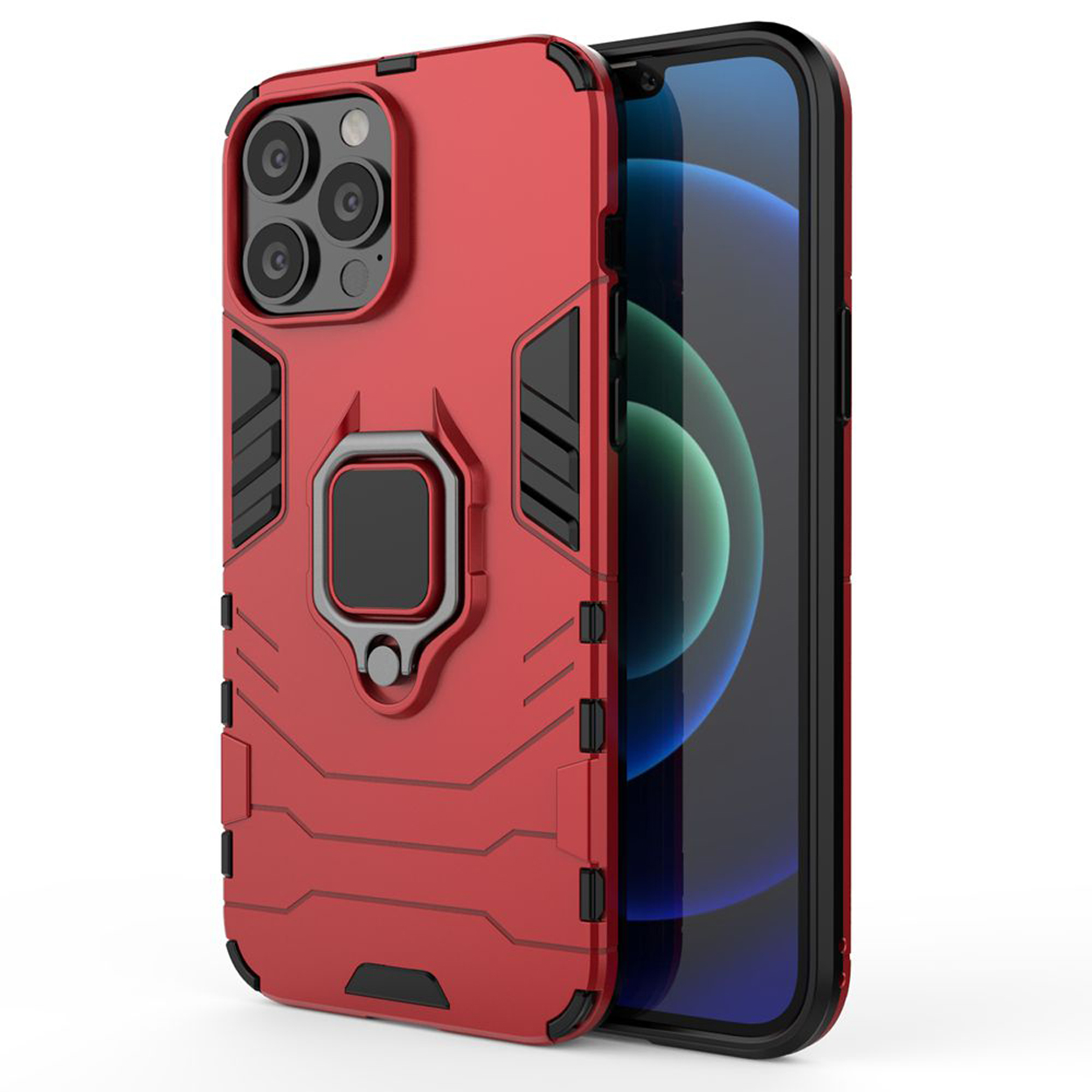 Coque de téléphone rouge avec des accents noirs et un porte-anneau, protégeant un téléphone à écran noir. Fond blanc.