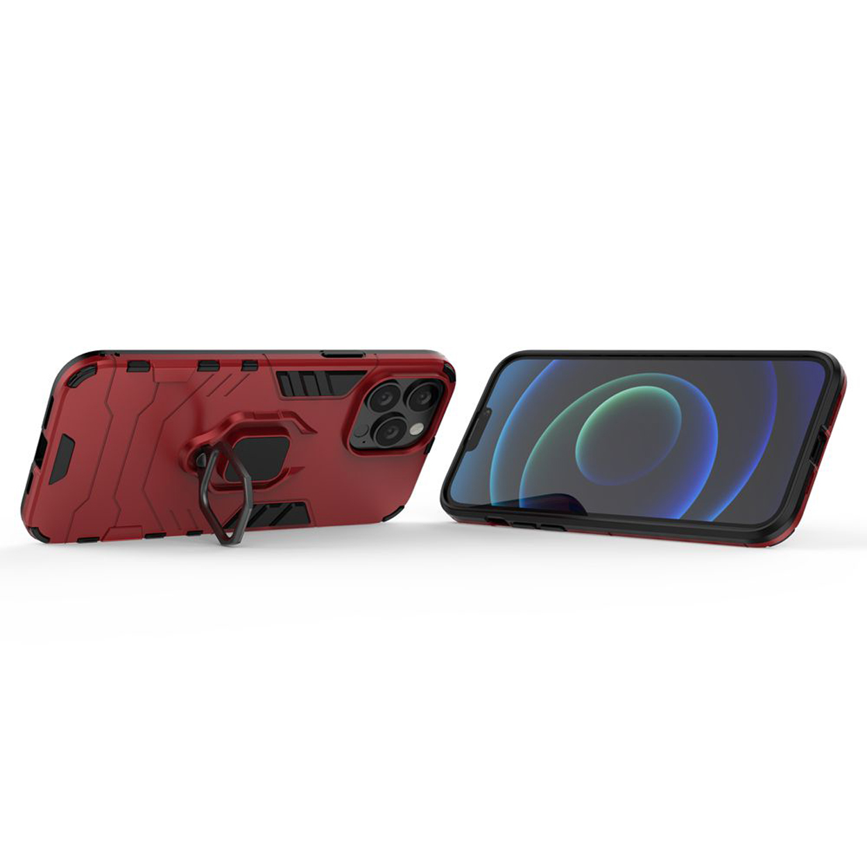 Deux étuis de téléphone sont présentés. L'un est rouge, l'autre est noir. Les deux sont sur un fond blanc.