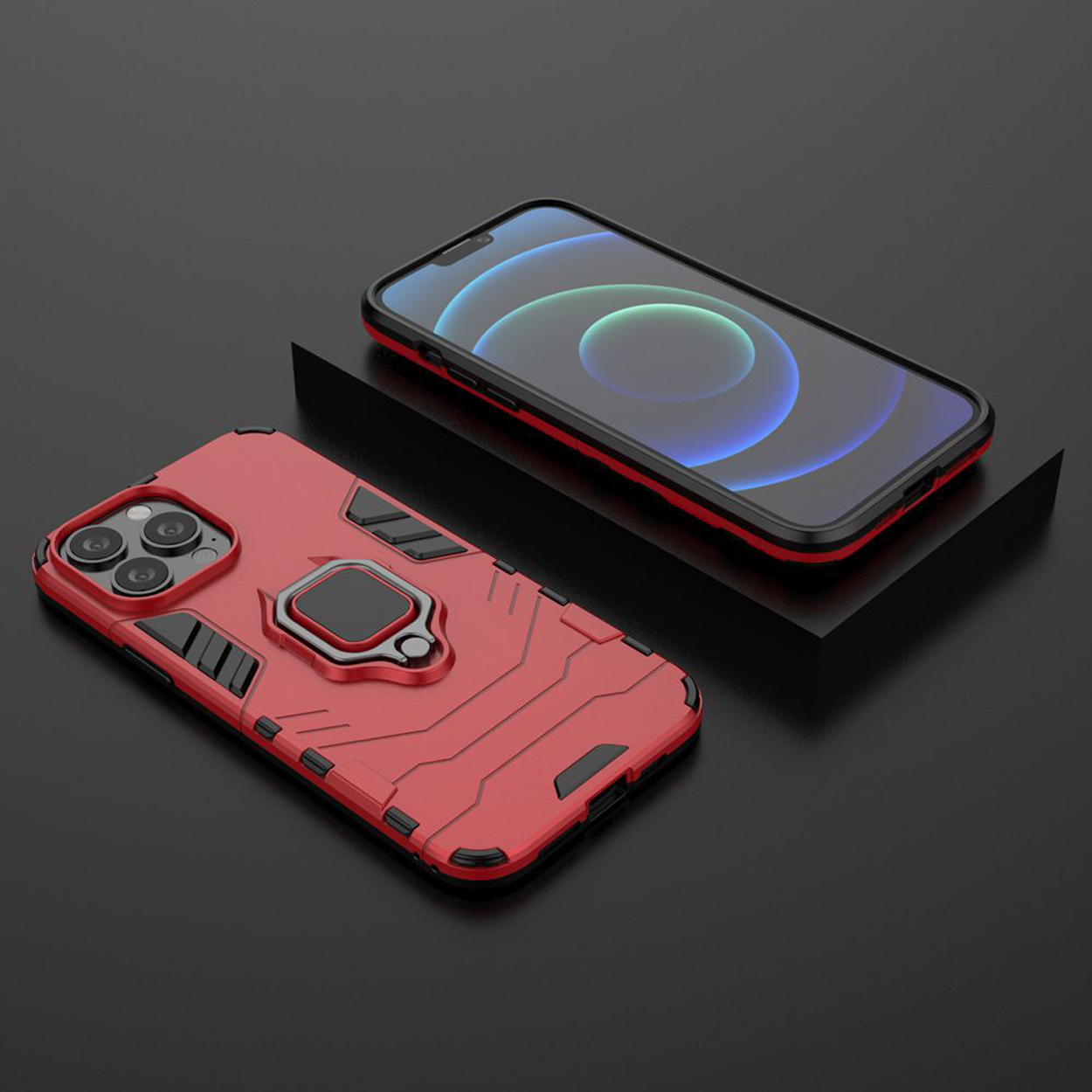 Coque de téléphone rouge avec un téléphone noir à l'intérieur, présentée sur une surface noire.
