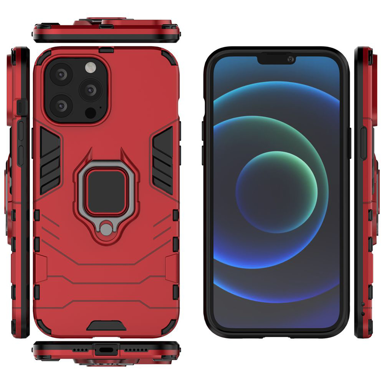 Coque de téléphone rouge avec des accents noirs. Elle est montrée sous différents angles et possède un support de bague et des découpes pour l'appareil photo.