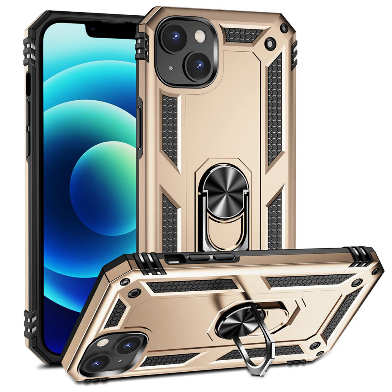 Gouden telefoonhoes met een ringhouder, met een telefoon en verschillende ontwerp hoeken.