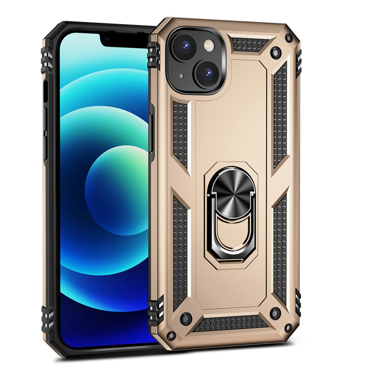 Goud en zwarte iPhone hoes met een ringhouder en camera-uitsparingen.