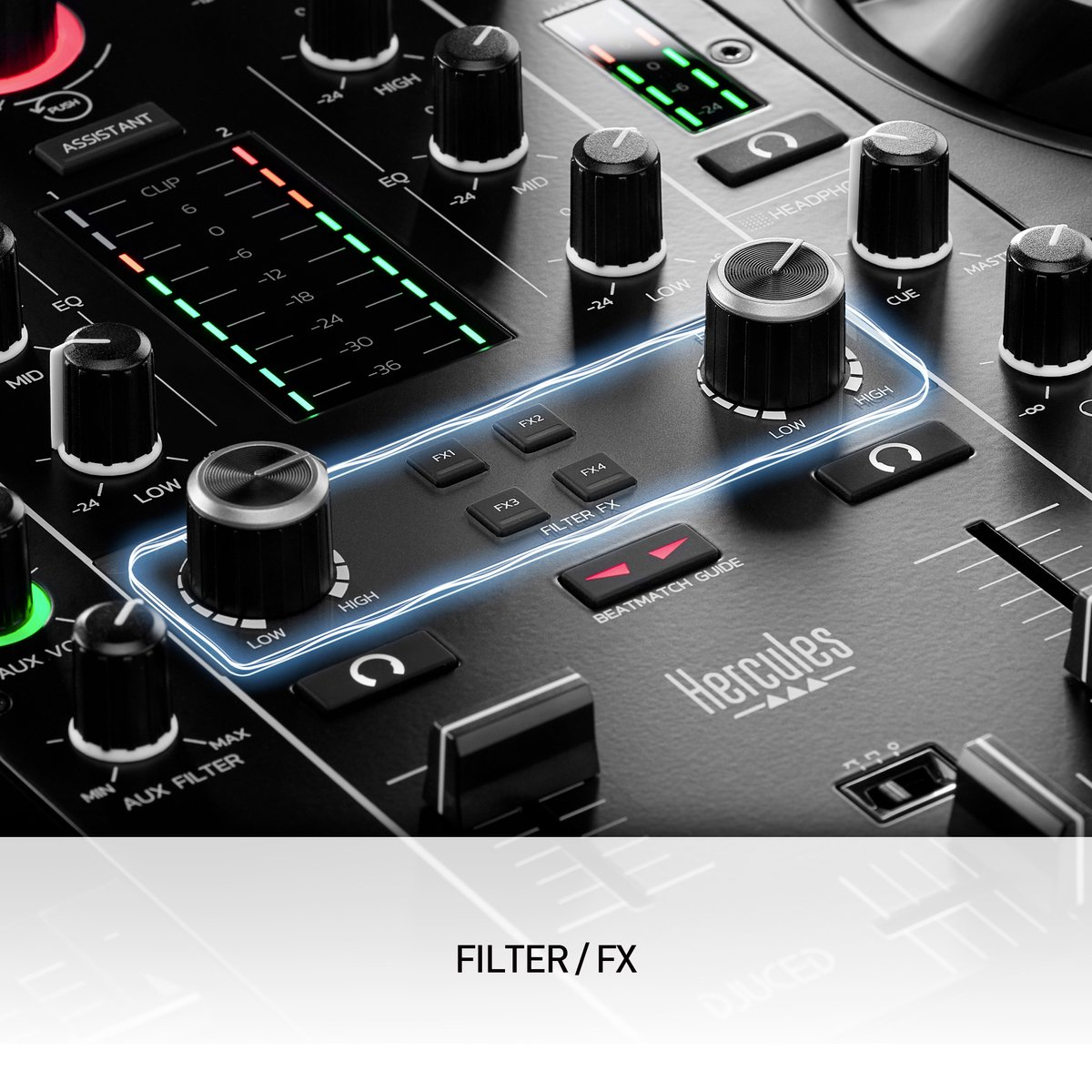 Close-up van DJ-mixer: knoppen, lichten en 'FILTER/FX' onderaan.