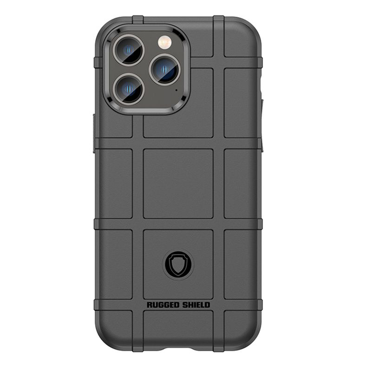 Zwarte telefoonhoes met een rasterpatroon en de tekst "RUGGED SHIELD" onderaan.