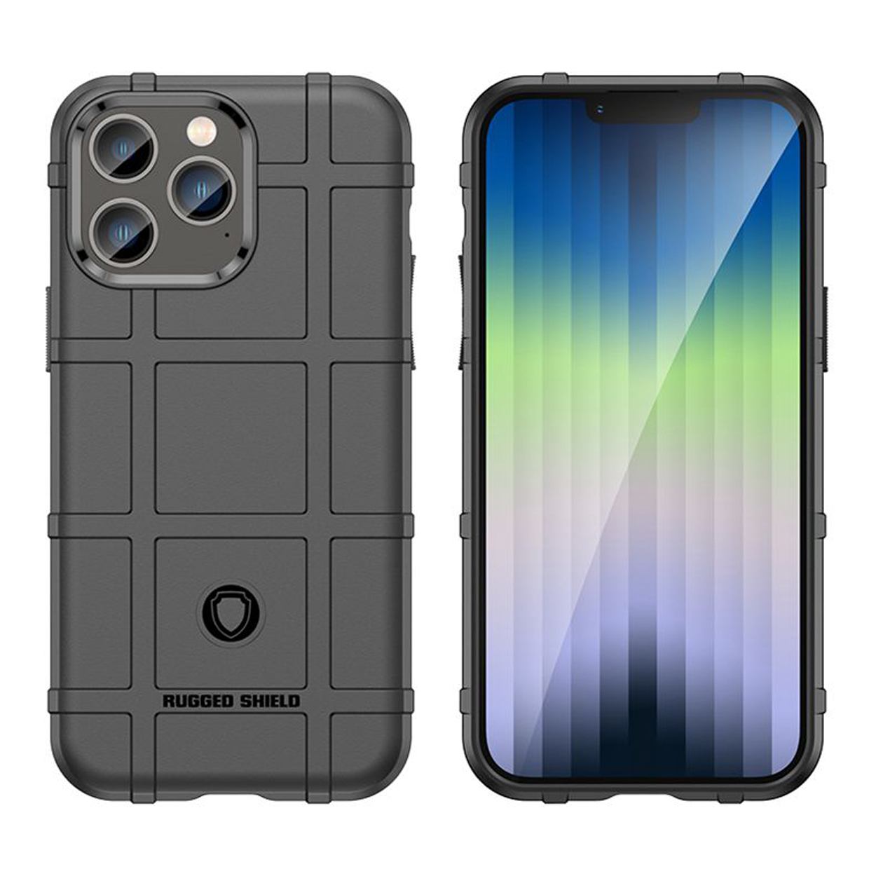 Twee zwarte telefoonhoesjes. Eén heeft een telefoonscherm met een gestreepte achtergrond. De hoesjes hebben een gestructureerd ontwerp.