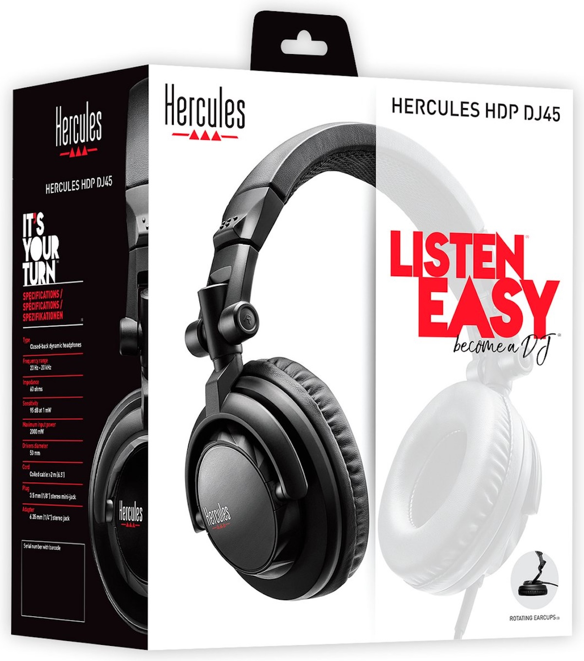 Hercules hoofdtelefoon doos, zwarte hoofdtelefoon. De doos heeft tekst zoals 'Hercules HDP DJ45' en 'Listen Easy'.