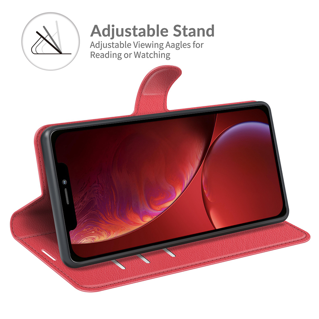 Rode telefoonhoes met een telefoon erin. De tekst bovenaan zegt: Adjustable Stand.