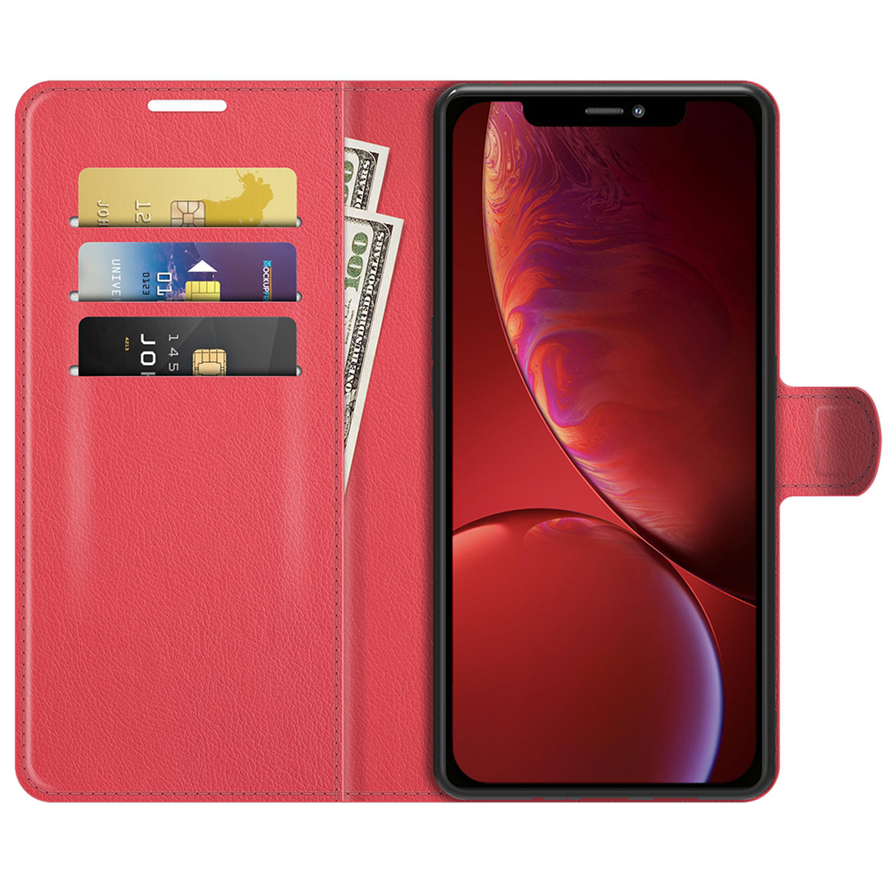 Rode portemonnee telefoonhoes open, met kaarten en biljetten. Telefoon met rood scherm.