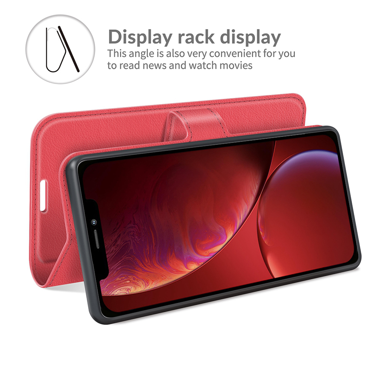 Rode telefoonhoes met een telefoon met een rood scherm.