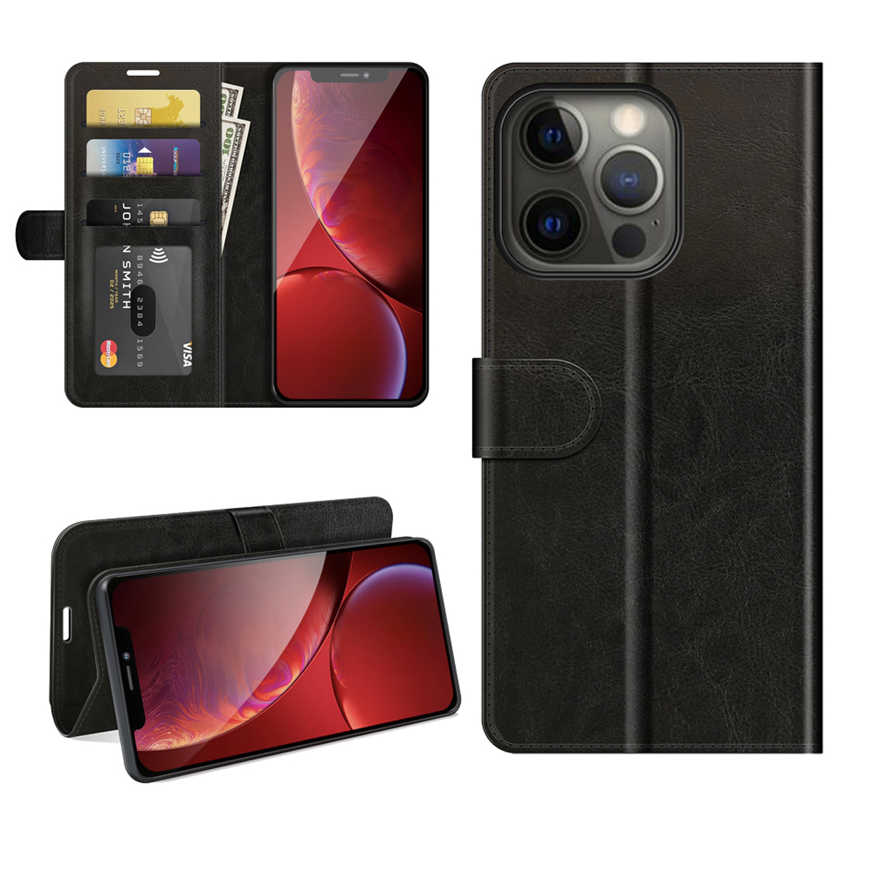 Étui de téléphone noir avec un téléphone à l'intérieur. Des emplacements pour cartes et espèces sont visibles. Fond noir.