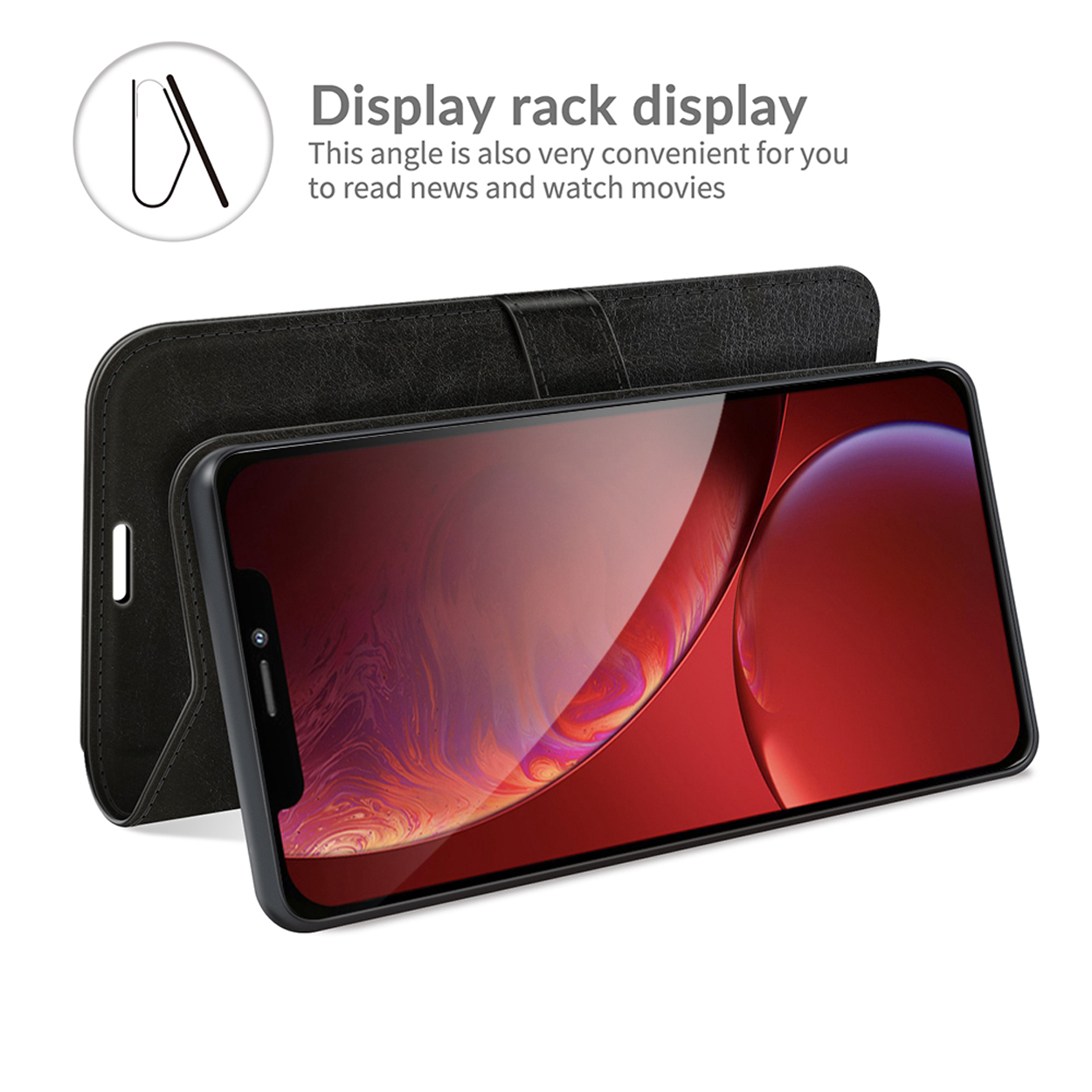 Étui de téléphone noir ouvert, avec un téléphone à l'intérieur. Le téléphone affiche une image rouge et orange.