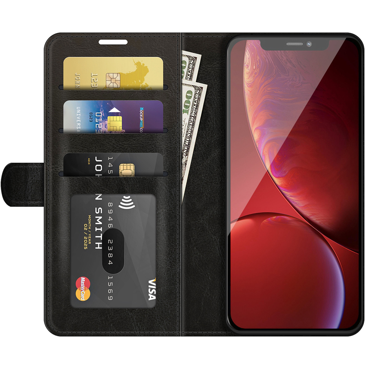 Étui de téléphone noir avec cartes et argent liquide. Un téléphone est visible sur le côté droit.