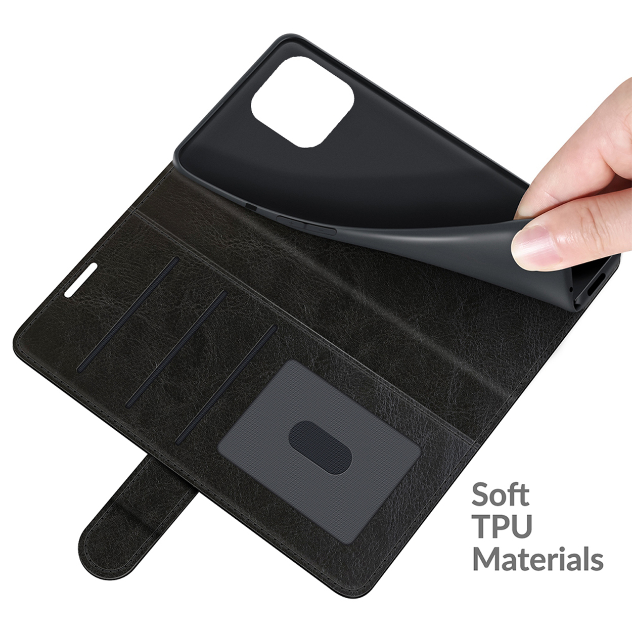 Une coque de téléphone noire avec un téléphone noir à l'intérieur, avec un design de type portefeuille, montrant l'intérieur et une fente pour carte.