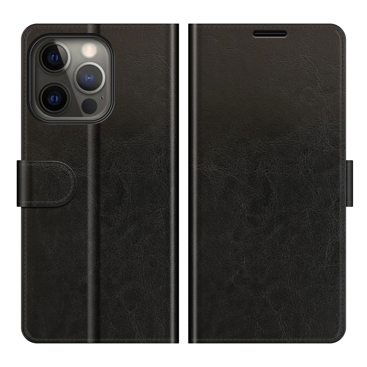 Étui de téléphone en cuir noir, ouvert, avec écran visible. Appareil photo visible à l'arrière.