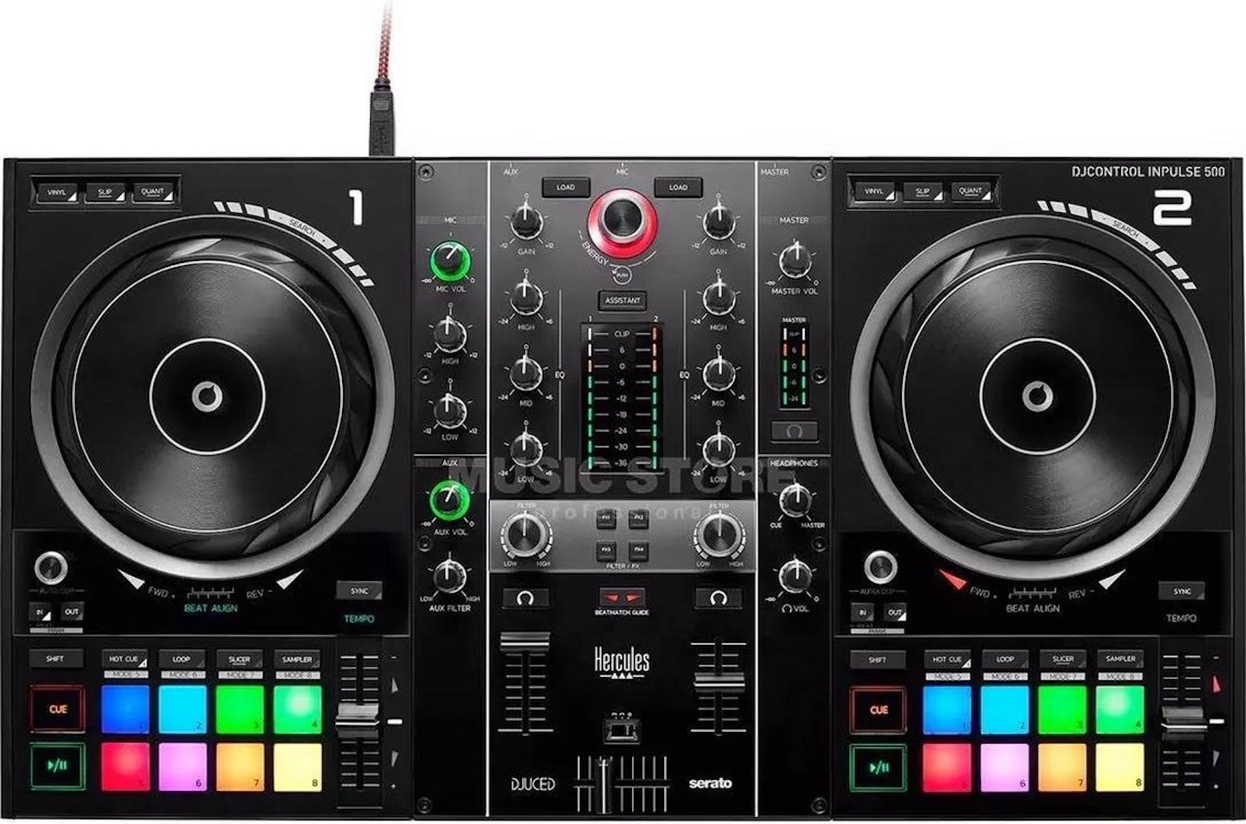 Een DJ-controller met twee draaitafels, veel knoppen en lampjes. De woorden 'DJCONTROL IMPULSE 500' zijn zichtbaar.