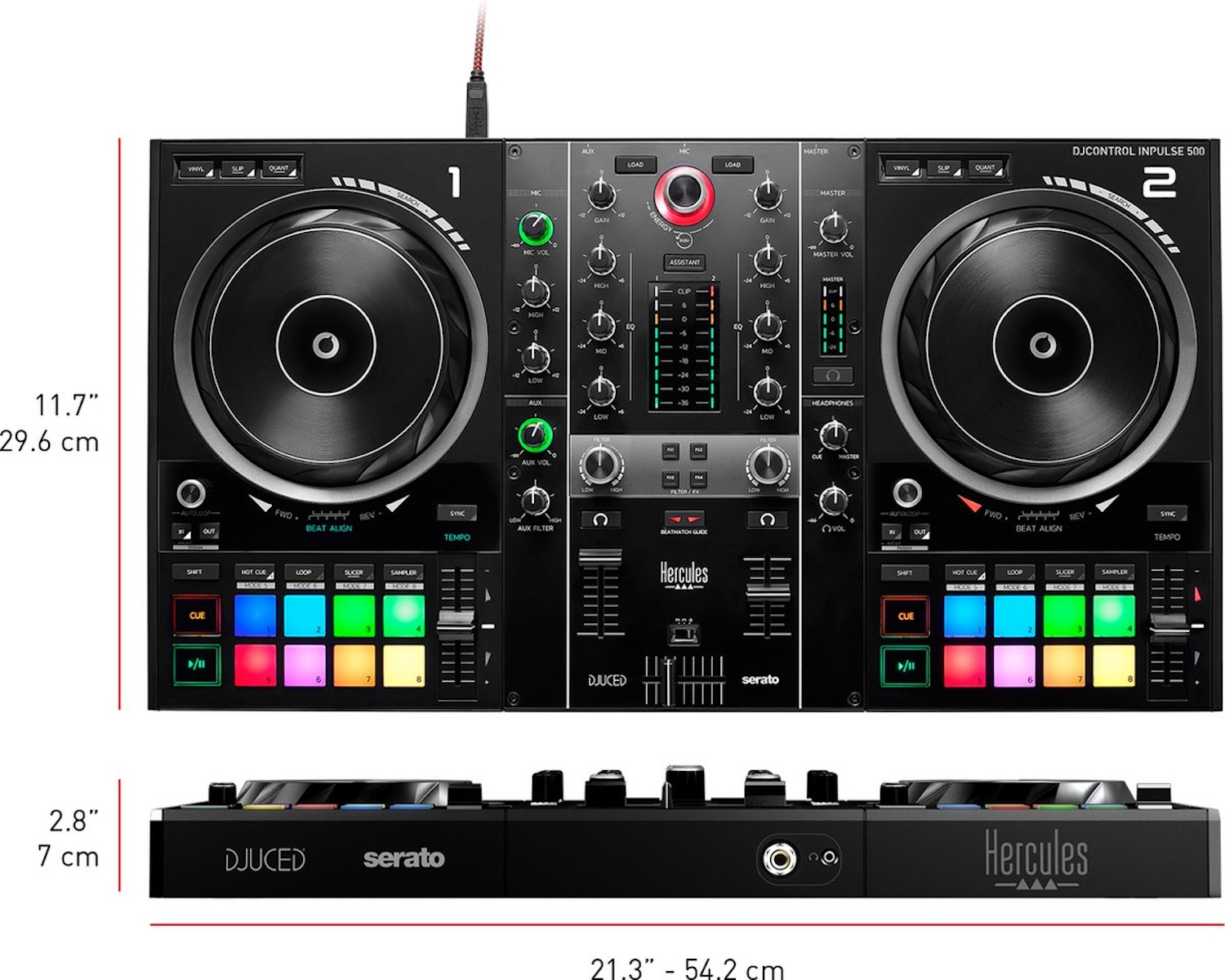 Zwarte Hercules DJ-controller met afmetingen, bovenaanzicht en vooraanzicht.