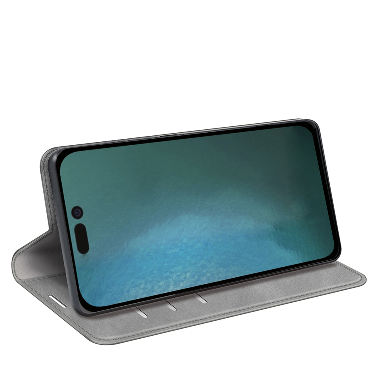 Téléphone dans un étui gris, soutenu. L'écran affiche une image aquatique.
