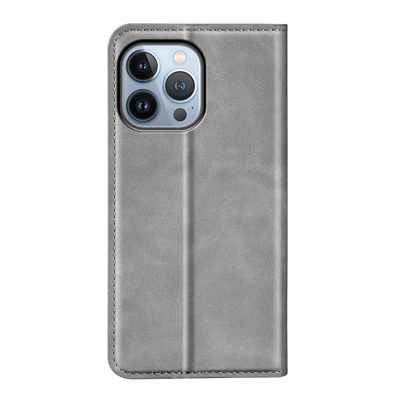 Coque de téléphone grise, fermée, montrant l'arrière d'un téléphone avec trois objectifs photo.