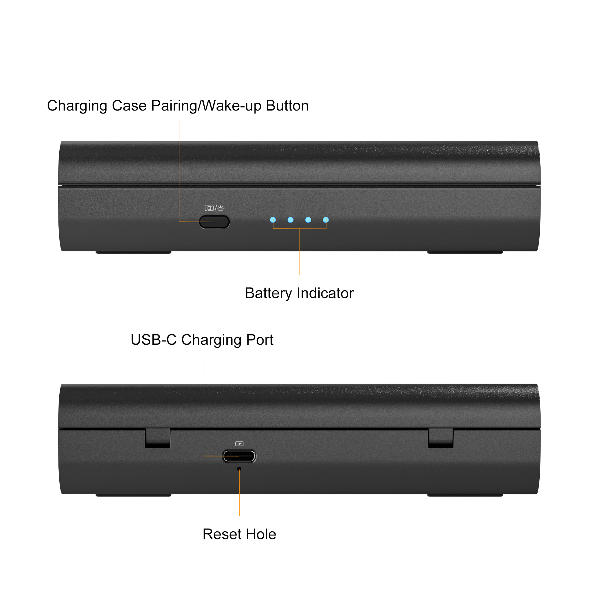 Twee zwarte oplaadcase secties met labels, waaronder een oplaadpoort en batterij-indicatielampjes.