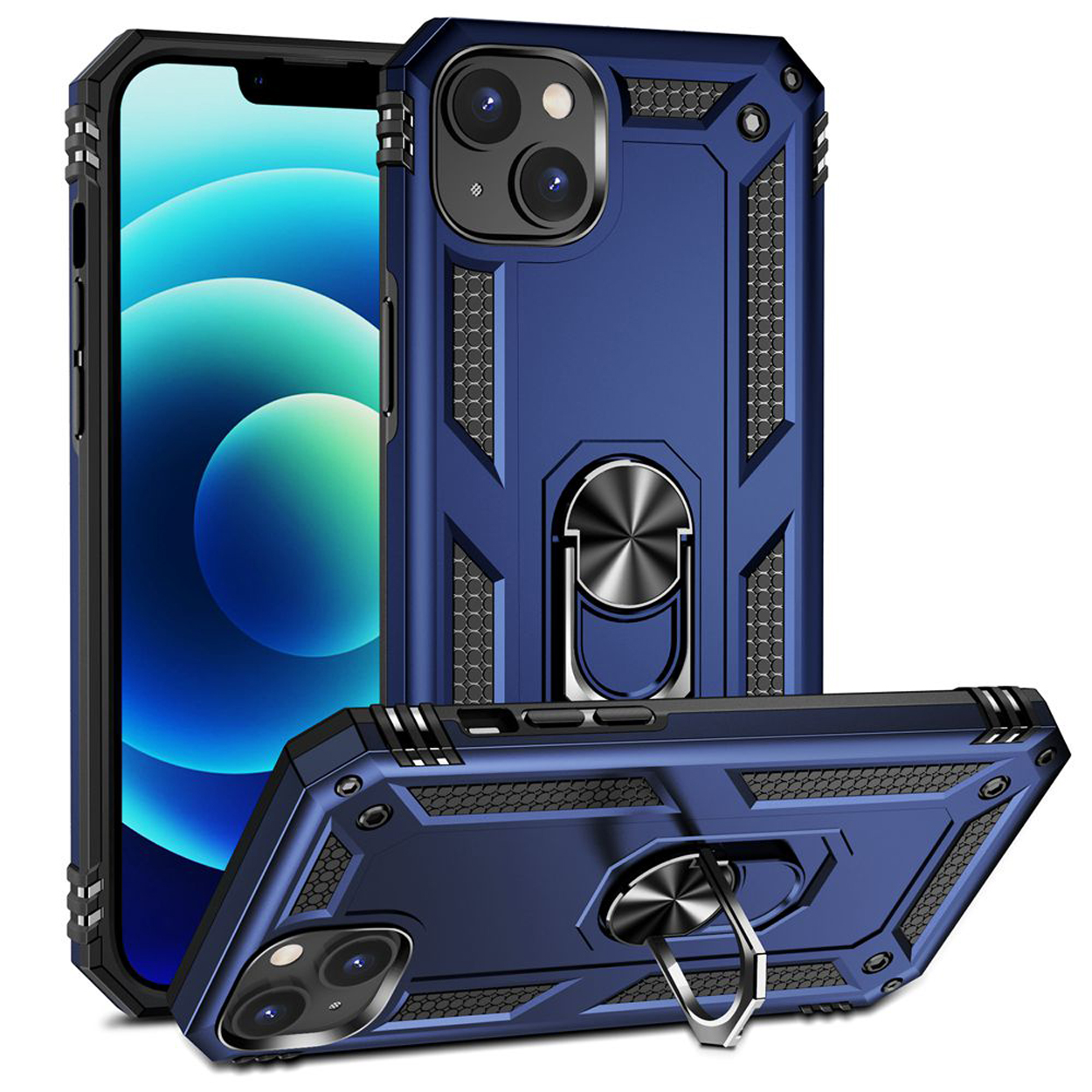 Coque de téléphone bleue avec téléphone à l'intérieur et un support d'anneau argenté. Deux coques sont montrées.