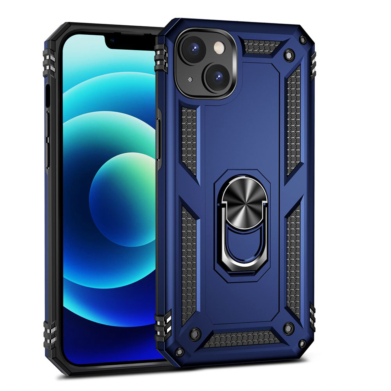 Coque de téléphone bleu marine avec un porte-anneau et des accents noirs. Un téléphone avec un écran bleu est visible.