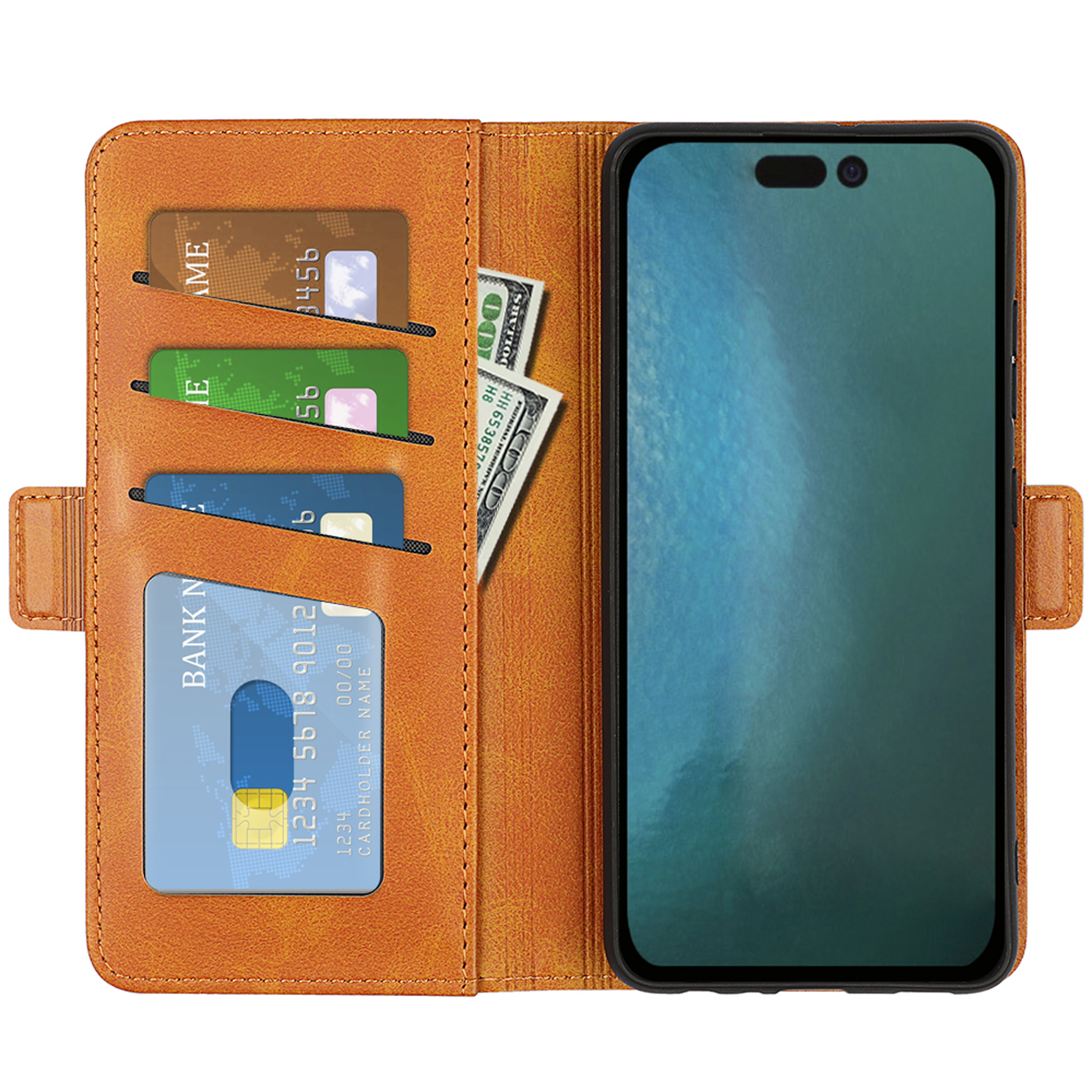 Bruine leren telefoonportemonnee, met creditcards en contant geld, met een telefoon met een groen scherm.