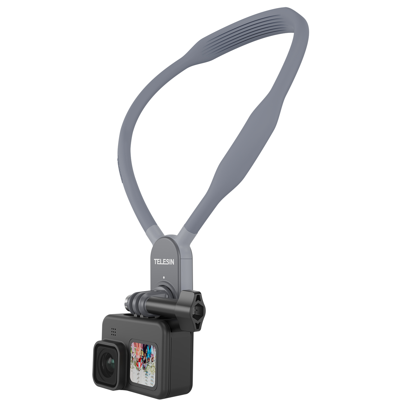 Zwarte GoPro-camera met een grijze nekriem. De riem is aan de camera bevestigd.