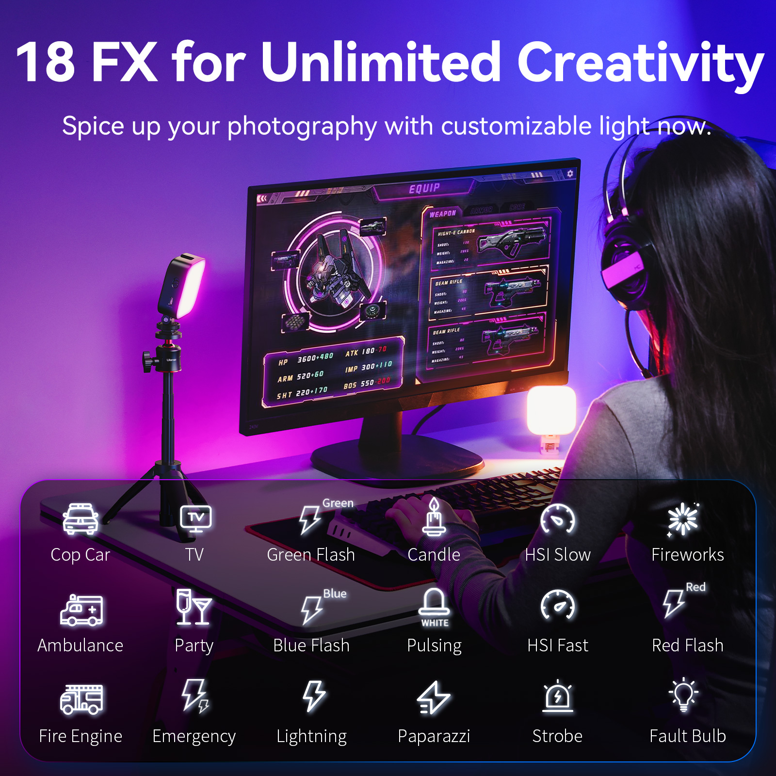 Osoba w słuchawkach przed komputerem z ikonami efektów.