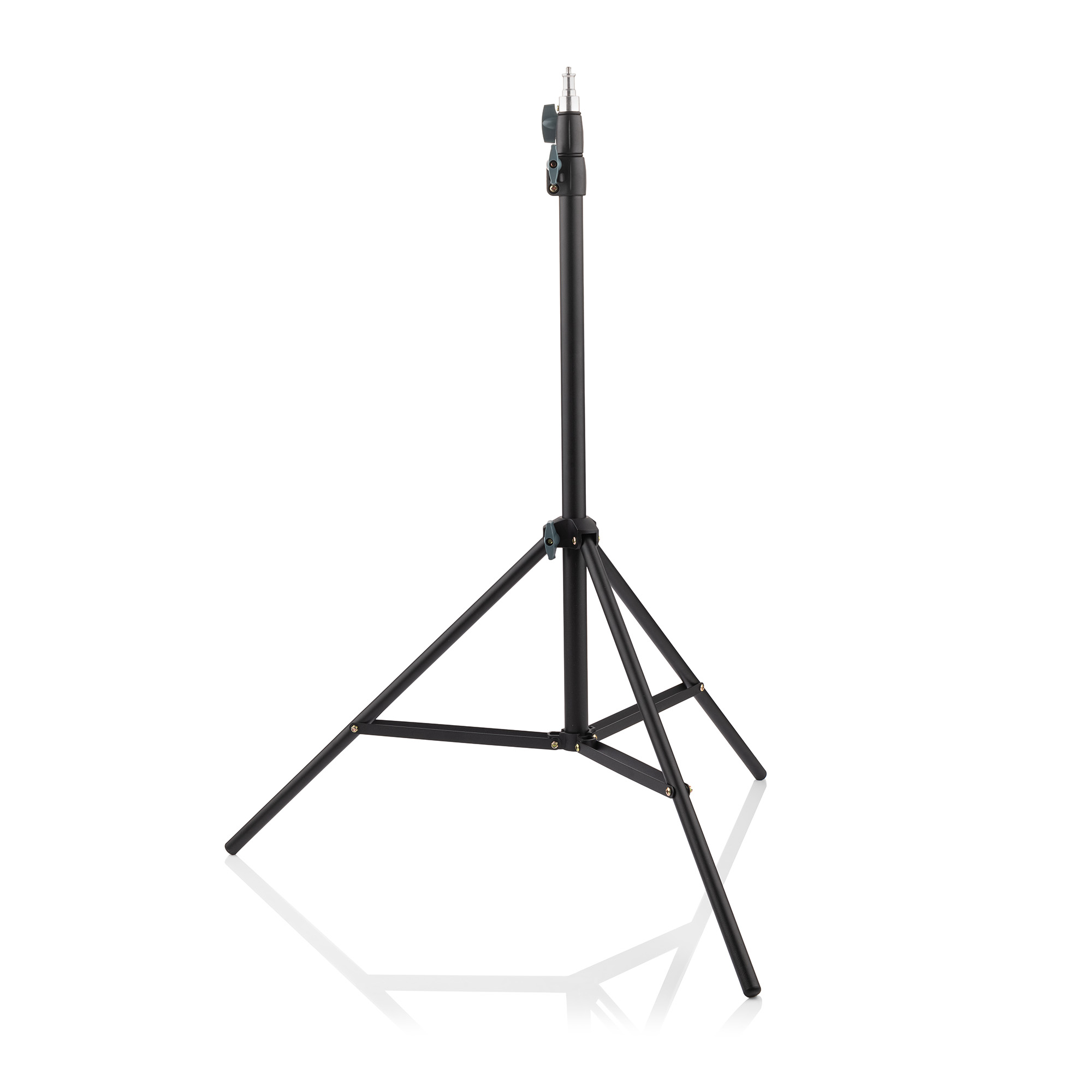 Black tripod. It has a three-legged base and a tall, adjustable center pole.