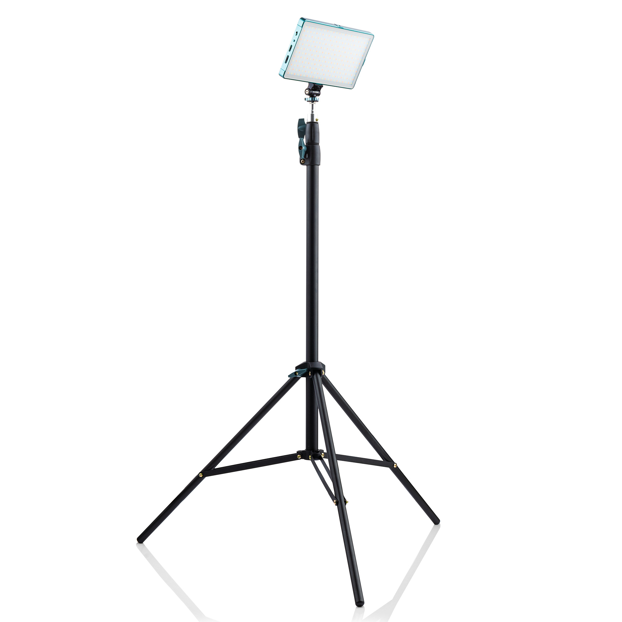 A black tripod with a light on top, it is on a white background.
