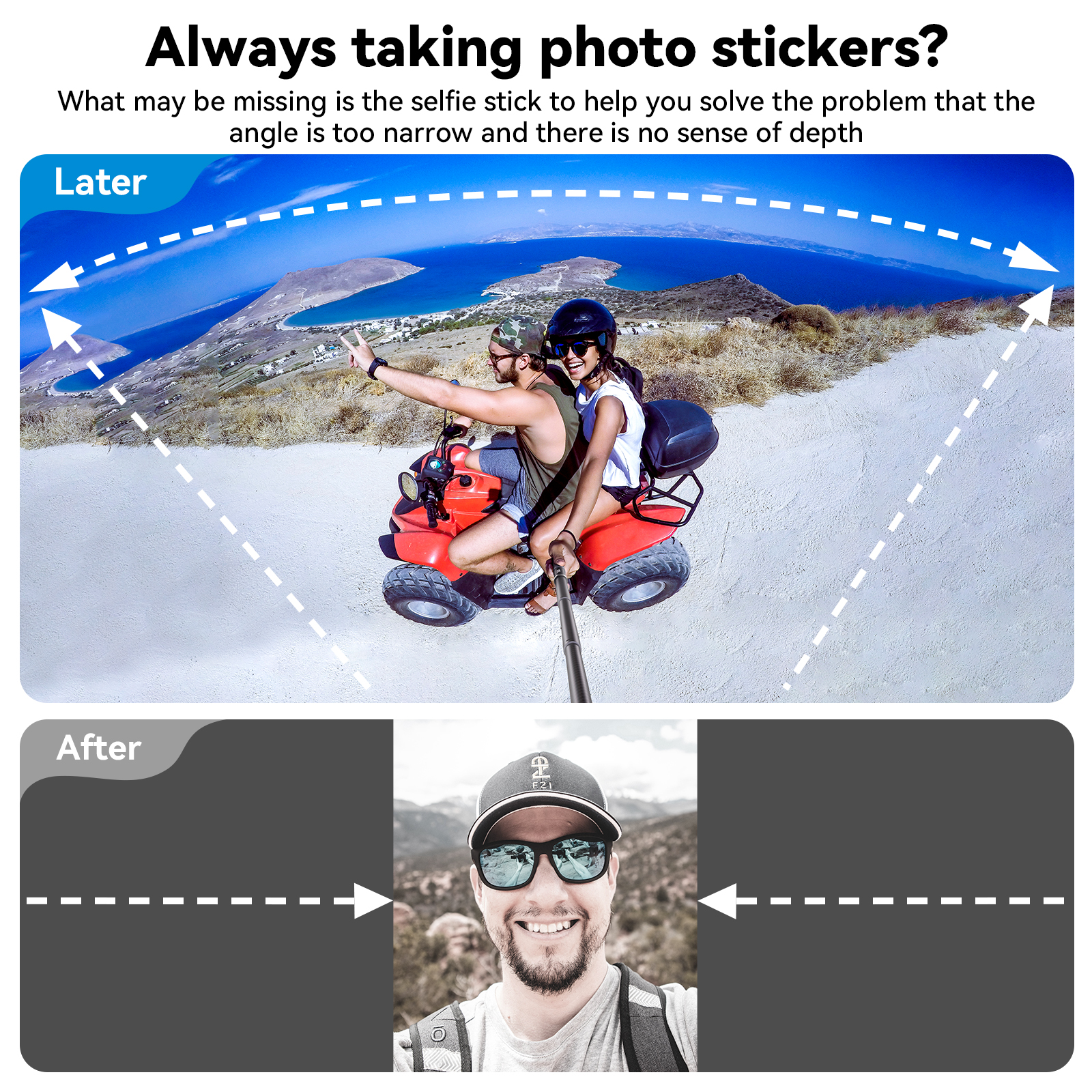Een foto die laat zien hoe een selfiestick helpt met een groothoekweergave.