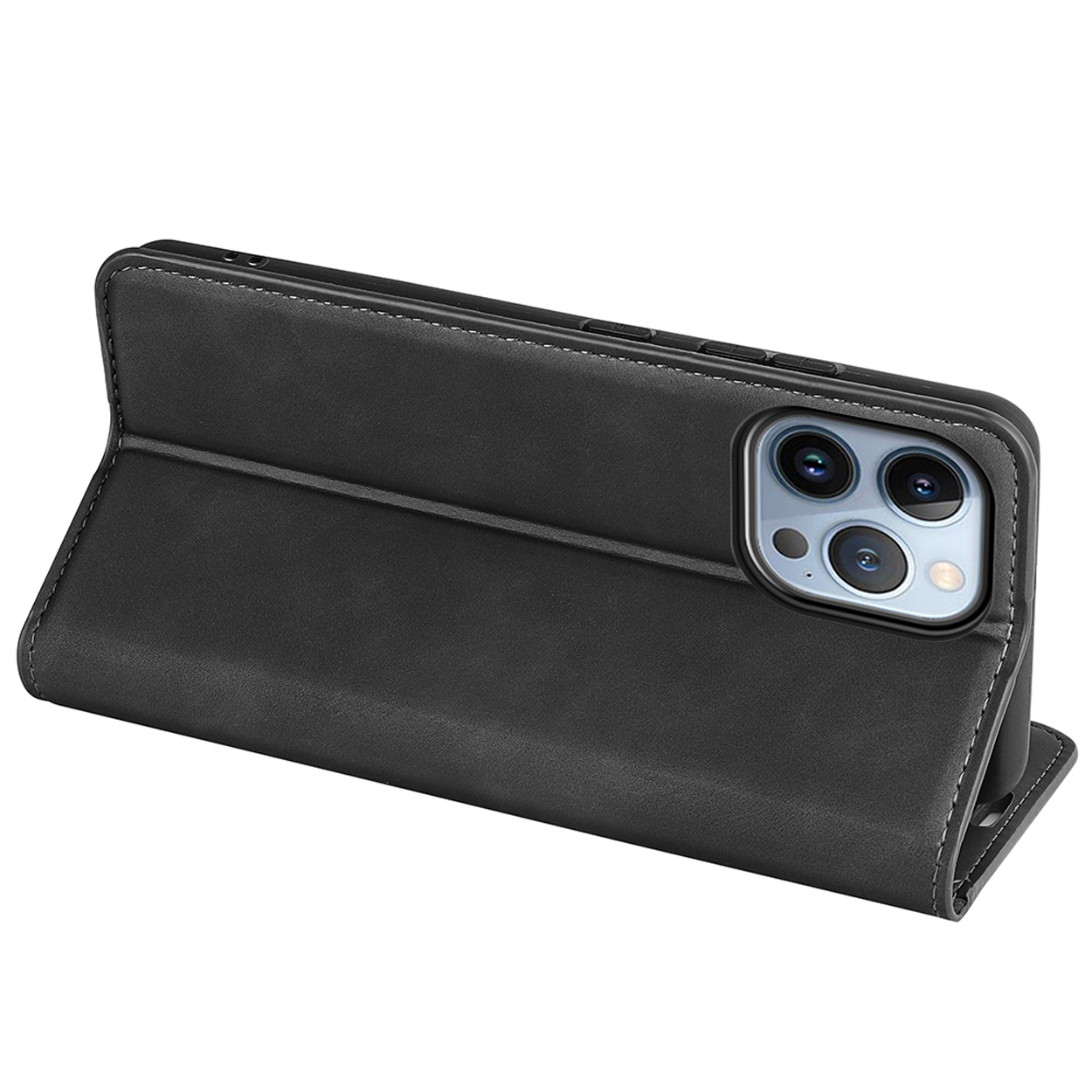 Étui de téléphone noir ouvert. Le téléphone est à l'intérieur, le dos face au spectateur.