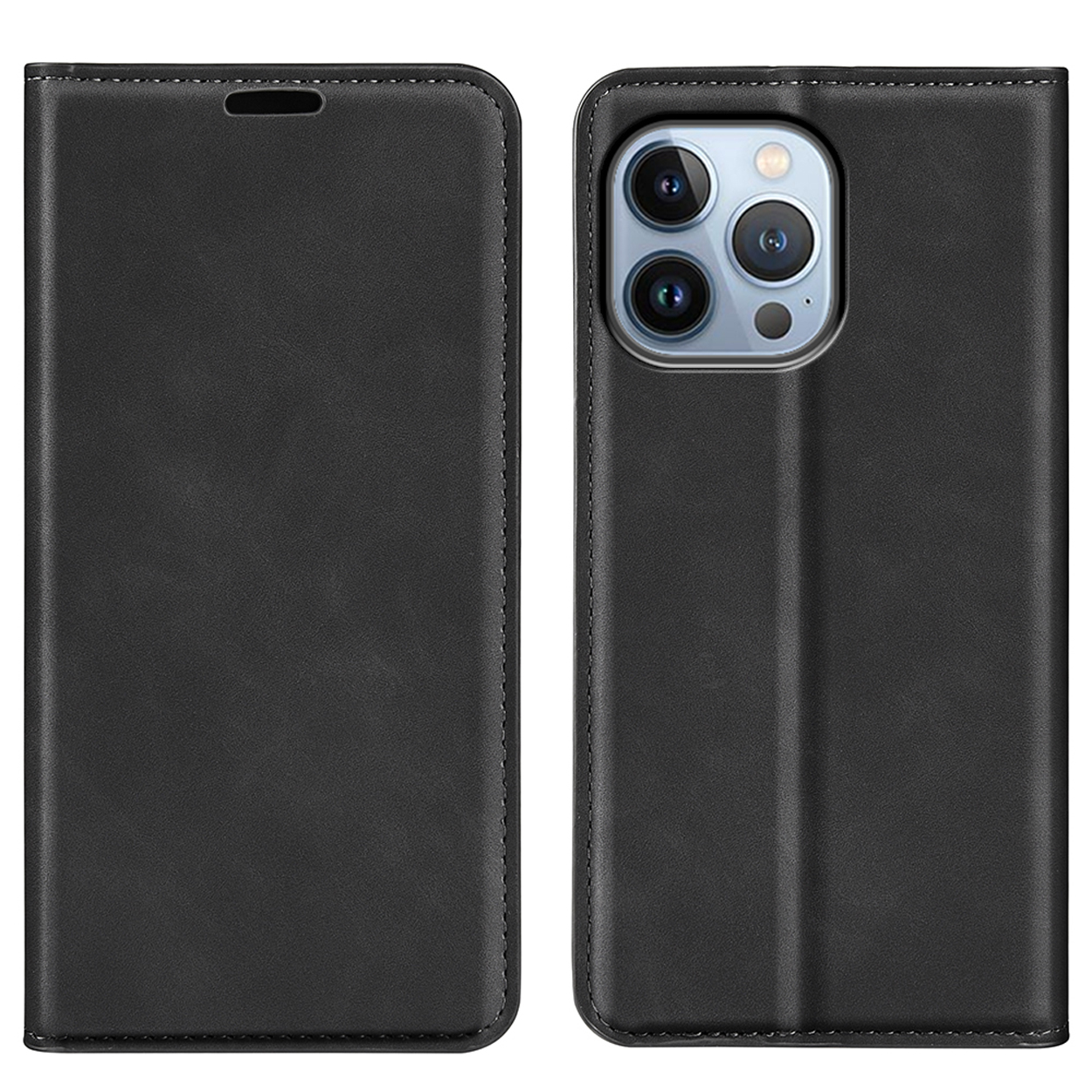 Un étui de téléphone noir fermé et un ouvert. Les deux étuis montrent le téléphone et son intérieur.
