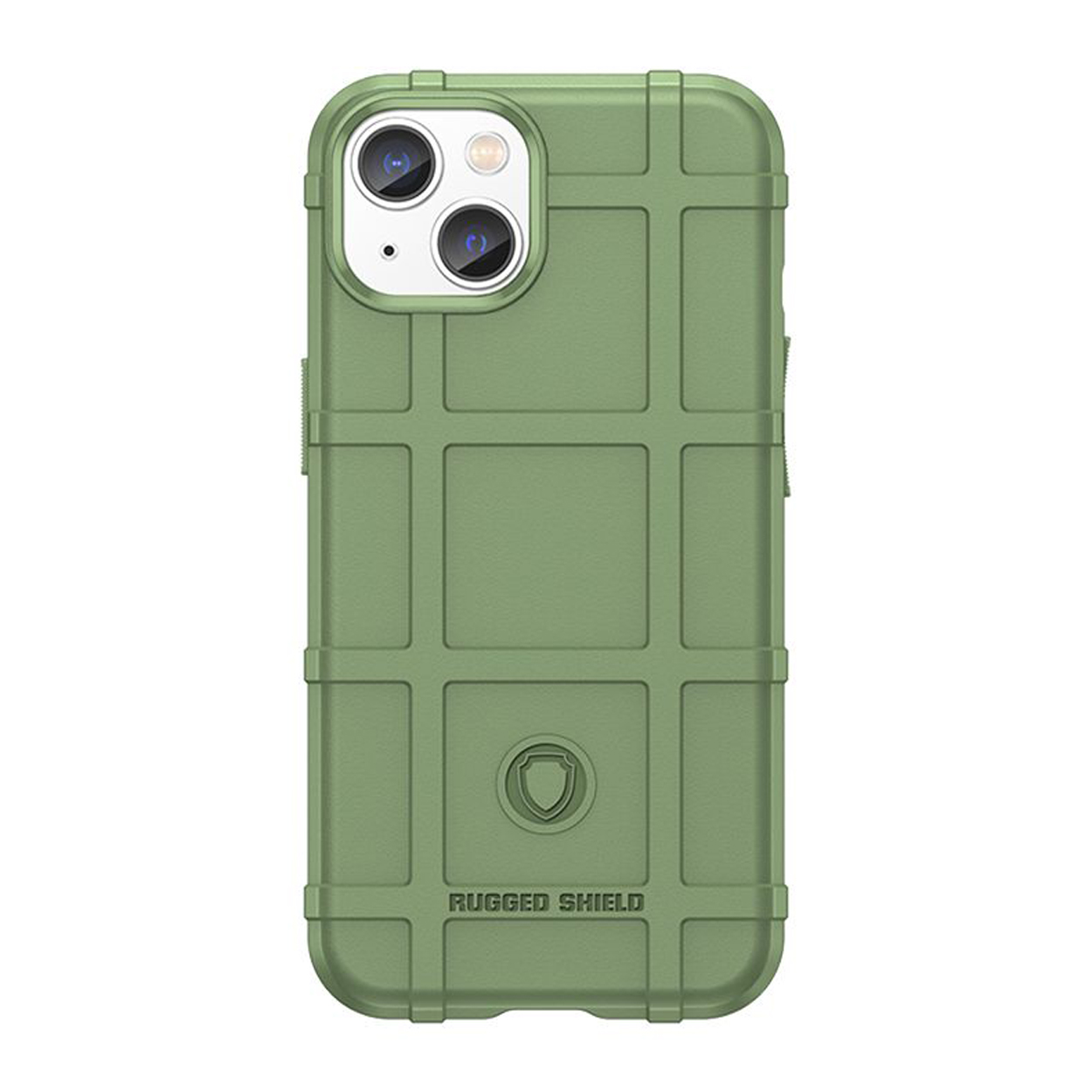 Une coque de téléphone vert olive avec un design quadrillé.