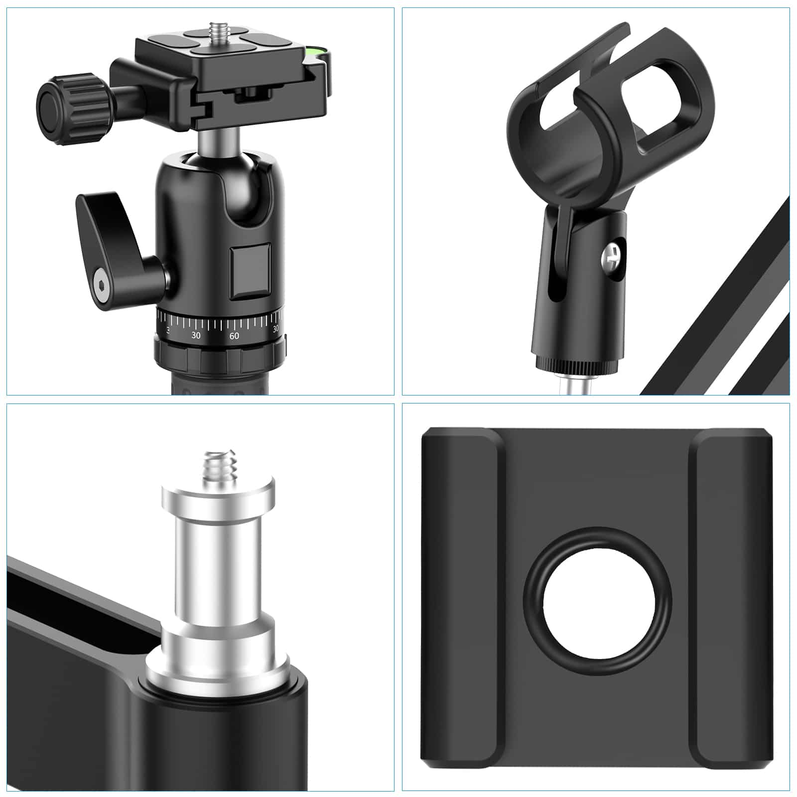 Close-up of different parts of a microphone stand: a ball head, a mic holder, a screw, and a base.