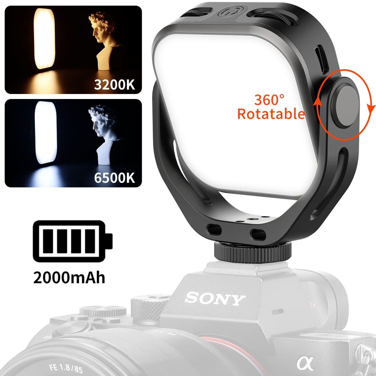 Lampa do kamery z regulowaną temperaturą barwową, wskaźnikiem baterii i aparatem Sony. Białe tło.