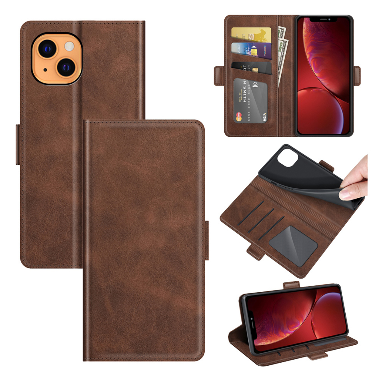 Étui de téléphone marron, deux panneaux ouverts et téléphone avec cartes et argent.